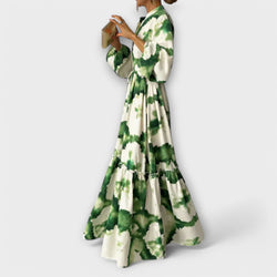Melina - Vestito Maxi Verde con Maniche Lunghe e Scollatura a V
