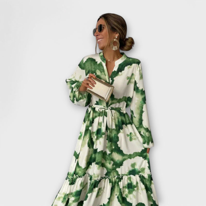 Melina - Vestito Maxi Verde con Maniche Lunghe e Scollatura a V