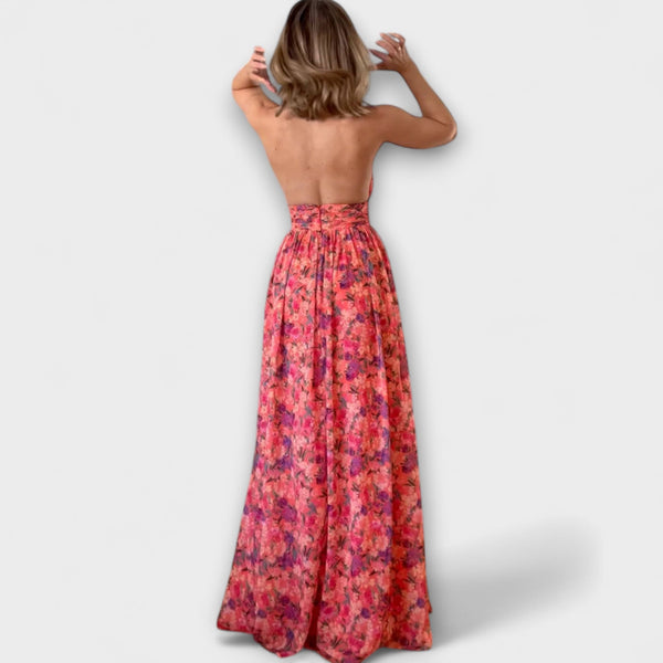 Nortrud - Vestito maxi senza schiena con stampa floreale