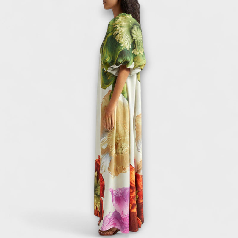 Skylar - Vestito maxi con stampa floreale, scollo asimmetrico e maniche a sbuffo