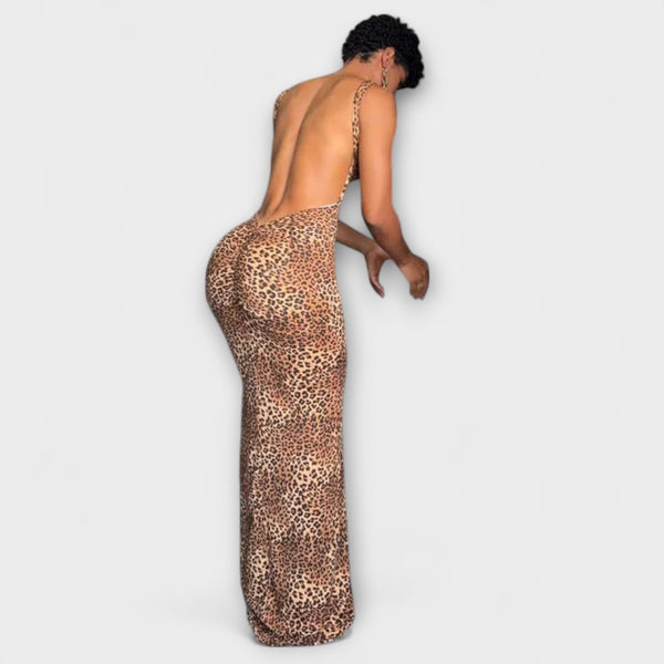 Della - Vestito maxi con stampa leopardata e scollatura sulla schiena