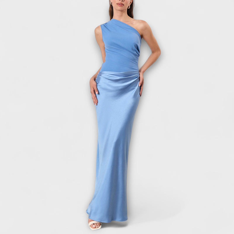 Elegante vestito maxi a spalla unica con pieghe
