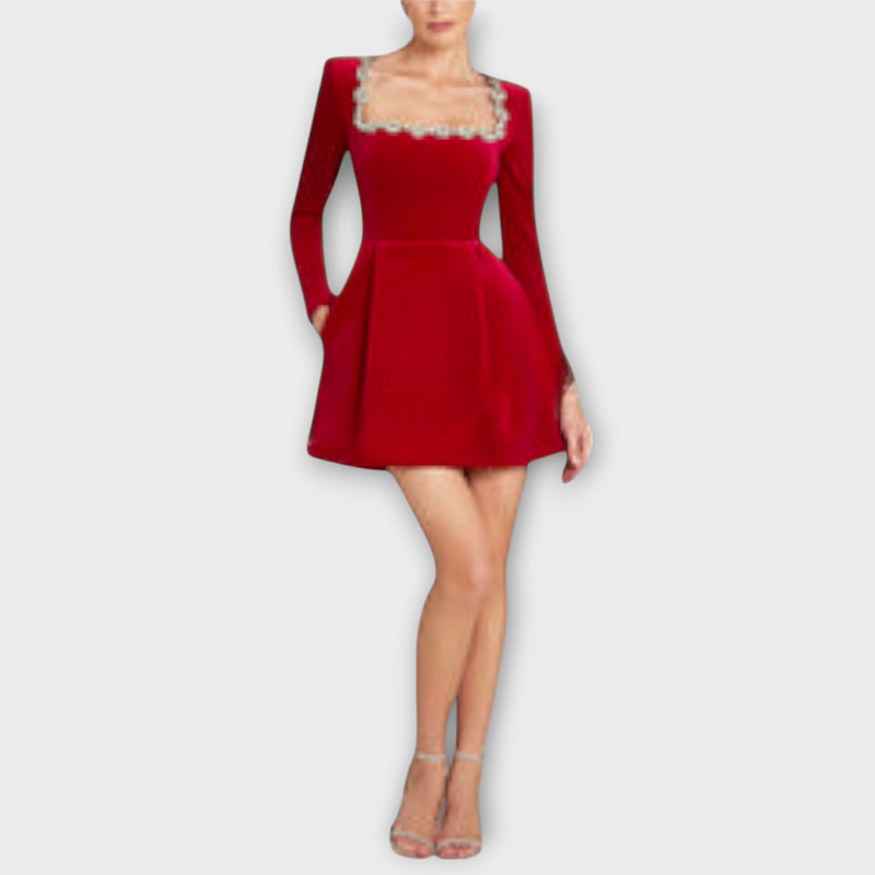 Wren - Vestito mini in velluto con decorazioni di gioielli