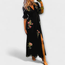 Beatrice - Elegante abito blu navy con ricami floreali