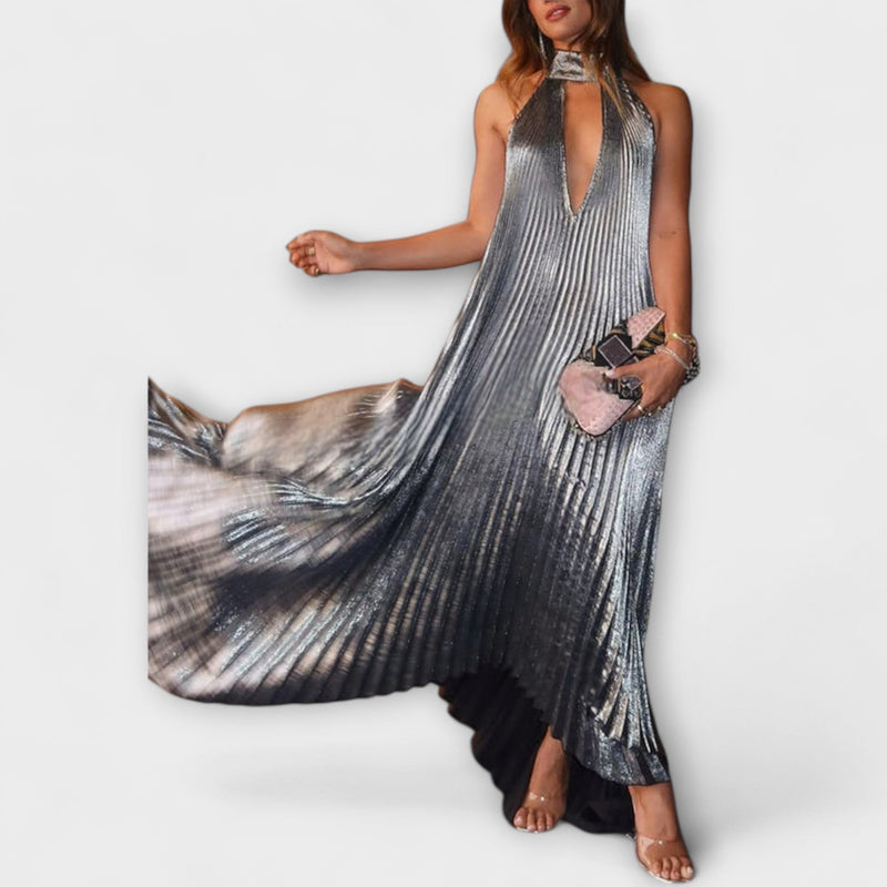 Calliope - Vestito Maxilungo A-Line Metallico con Pieghe