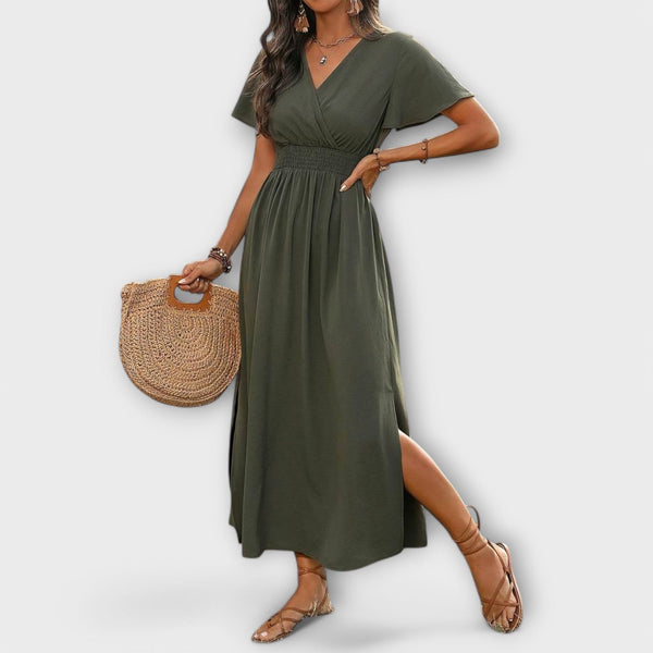 Heather - Elegante vestito boho con scollo a V e maniche lunghe