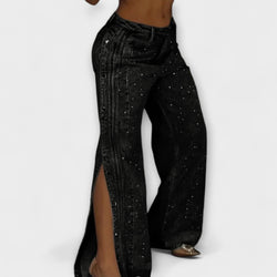 Nola - Jeans a vita alta decorati con strass e bottoni laterali
