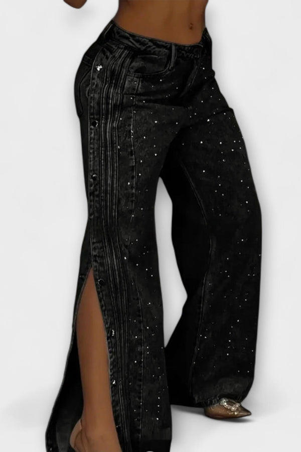 Nola - Jeans a vita alta decorati con strass e bottoni laterali