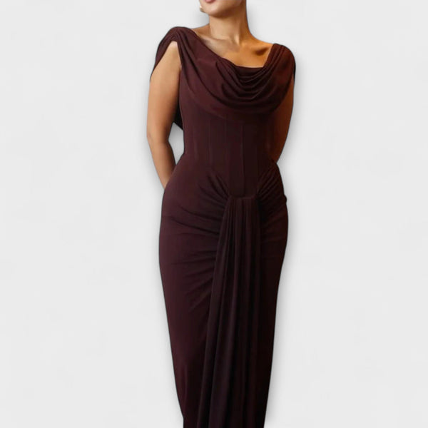 Elara - Elegante abito da sera maxi marrone con scollo drappeggiato