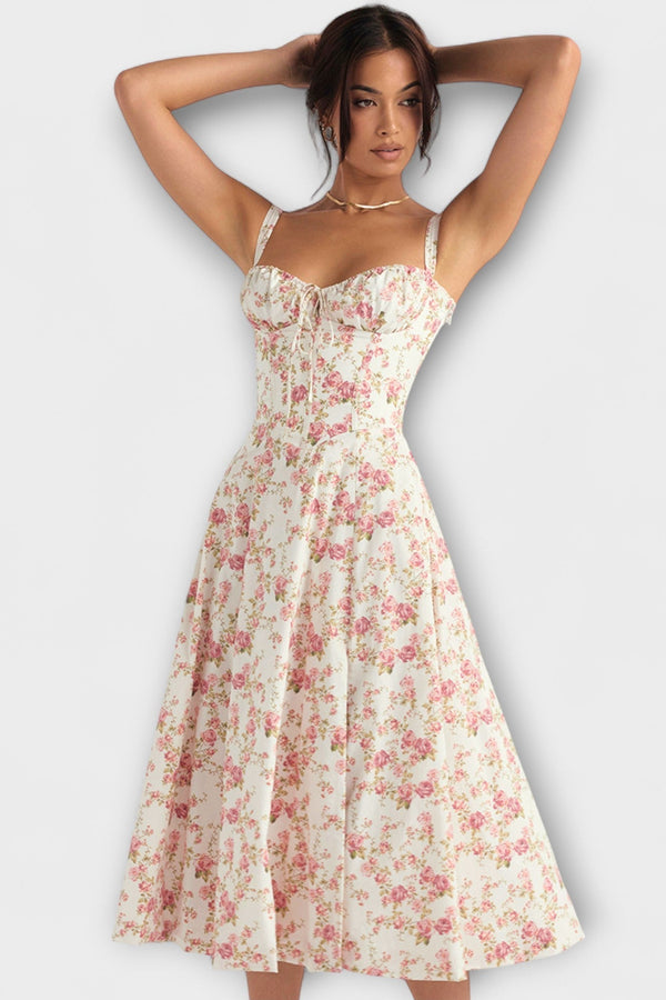 Zipporas - Vestito tipo bustier aderente con moderno motivo floreale primaverile