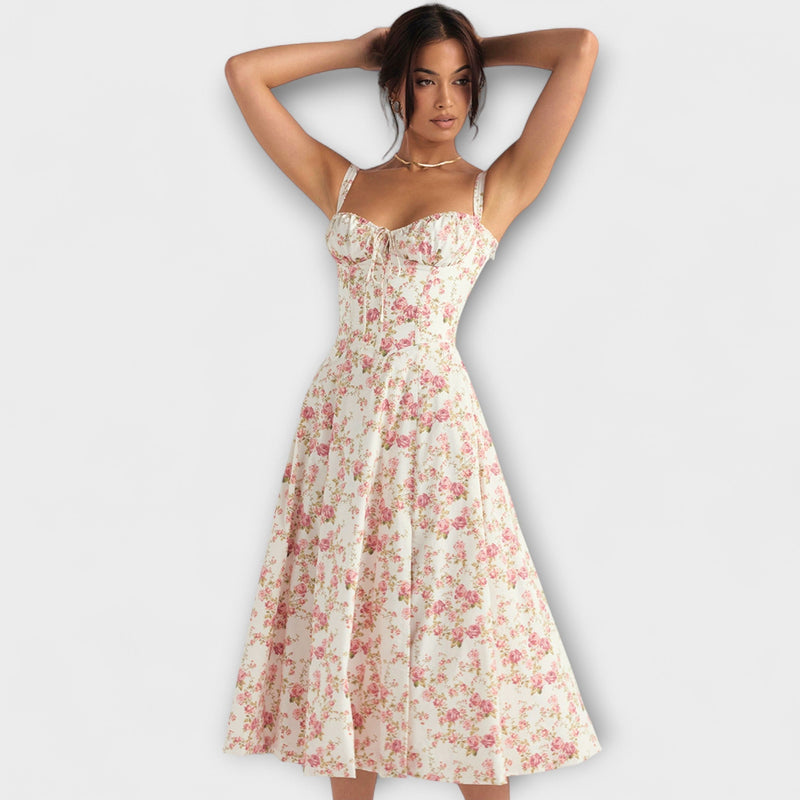 Zipporas - Vestito tipo bustier aderente con moderno motivo floreale primaverile