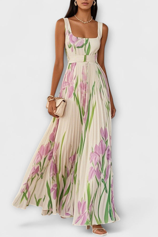 Vestito Maxi in Chiffon Floreale Piegato