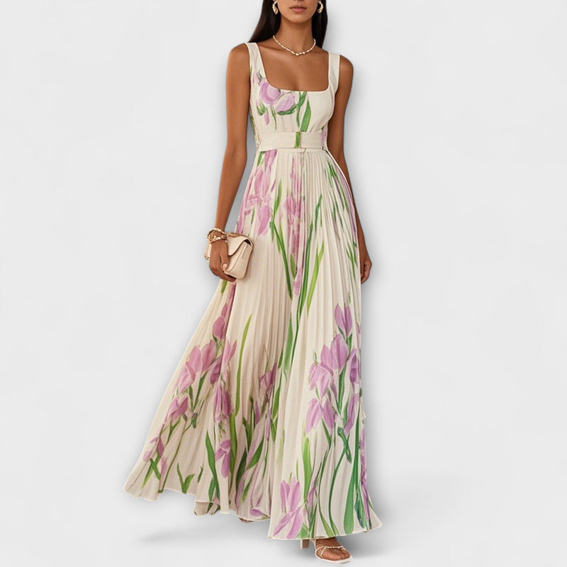 Vestito Maxi in Chiffon Floreale Piegato