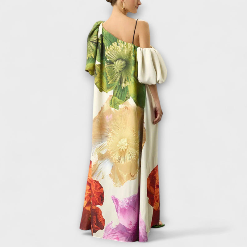 Skylar - Vestito maxi con stampa floreale, scollo asimmetrico e maniche a sbuffo