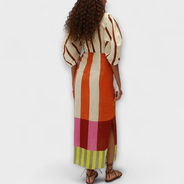 Kaya - Vestito maxi con scollo frontale e maniche a sbuffo