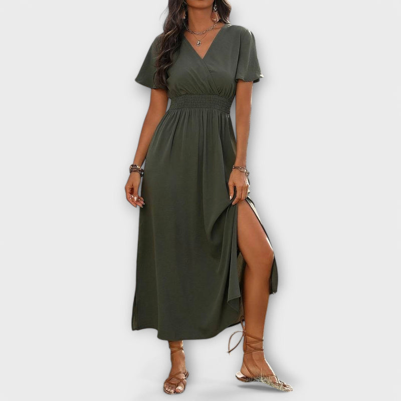 Heather - Elegante vestito boho con scollo a V e maniche lunghe