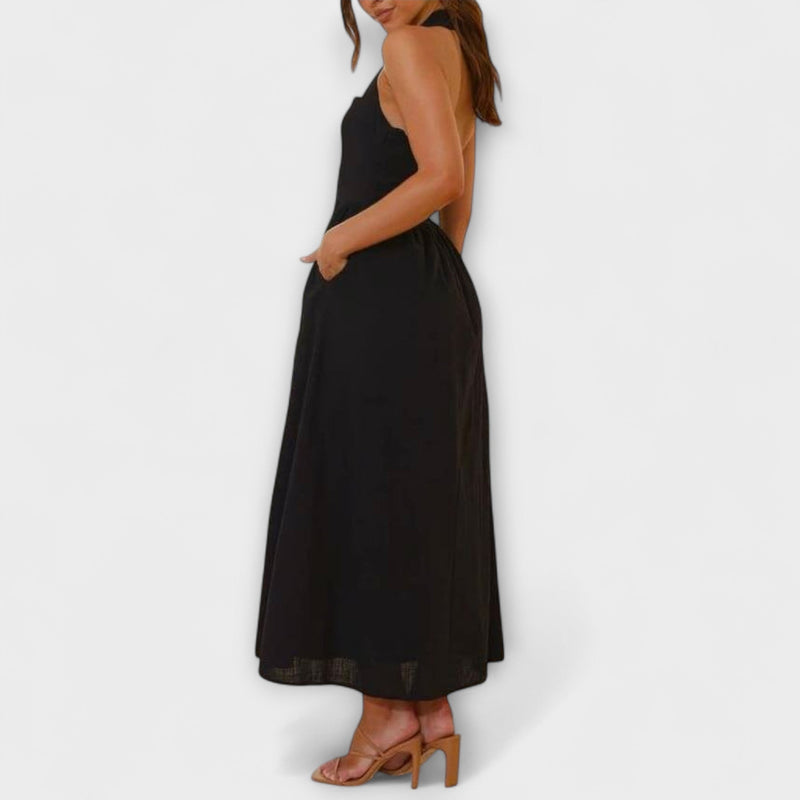 Lydia - Vestito Halter Nero di Lunghezza Media con Dettaglio in Vita