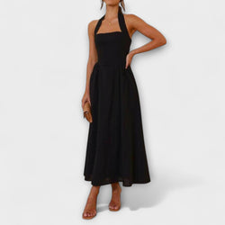Lydia - Vestito Halter Nero di Lunghezza Media con Dettaglio in Vita