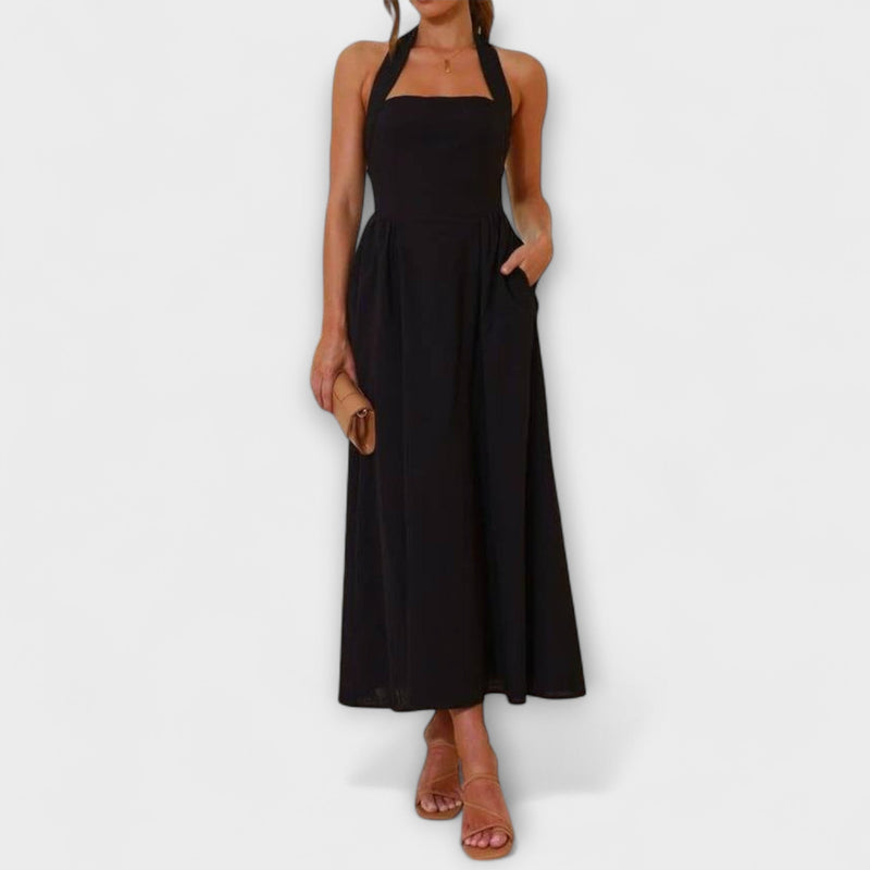 Lydia - Vestito Halter Nero di Lunghezza Media con Dettaglio in Vita
