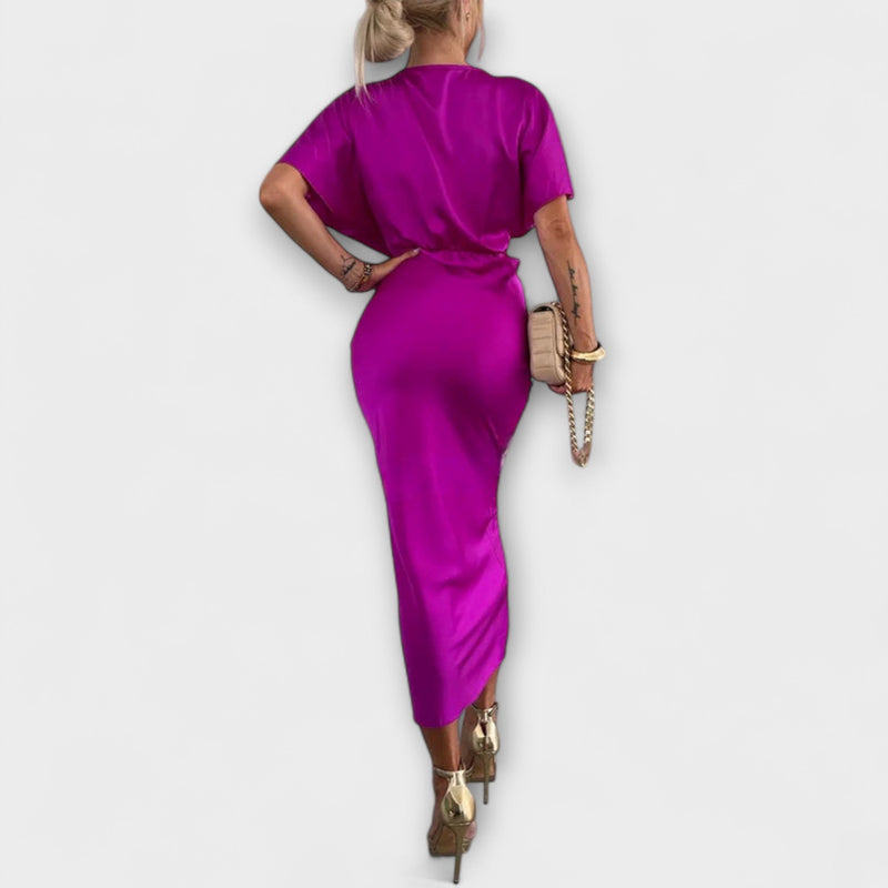 Sable - Vestito Maxi Slim Fit in Raso con Scollatura a V e Nodo Incrociato