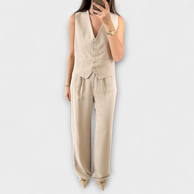 Hazel - Completo di due pezzi con gilet e pantaloni di colore solido con scollatura a V