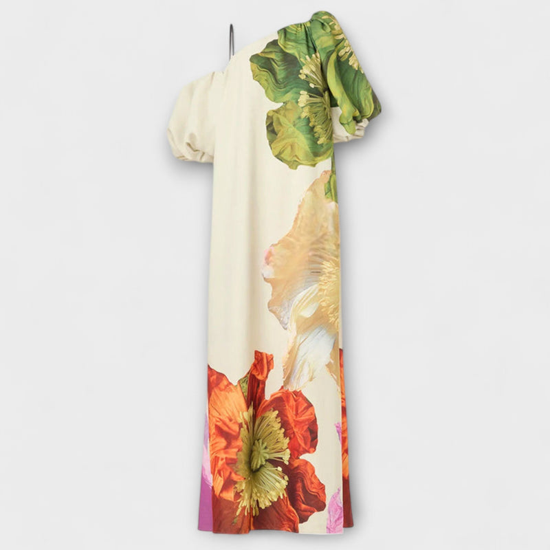Skylar - Vestito maxi con stampa floreale, scollo asimmetrico e maniche a sbuffo