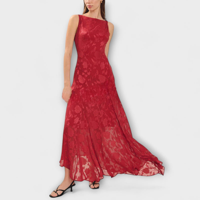 Opale - Elegante vestito maxi in jacquard con schiena scoperta