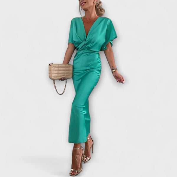 Sable - Vestito Maxi Slim Fit in Raso con Scollatura a V e Nodo Incrociato