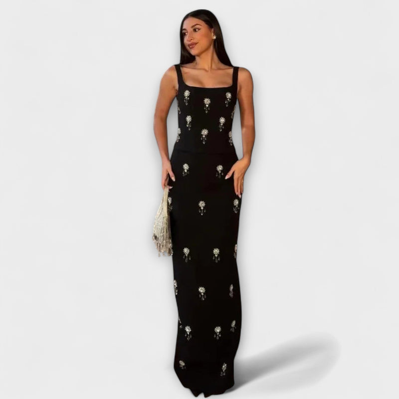 Avalon - Completo top e gonna con cerniera di perle nere
