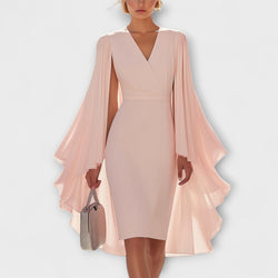 Rachel - Vestito midi color rosa con scollatura a V e maniche in georgette